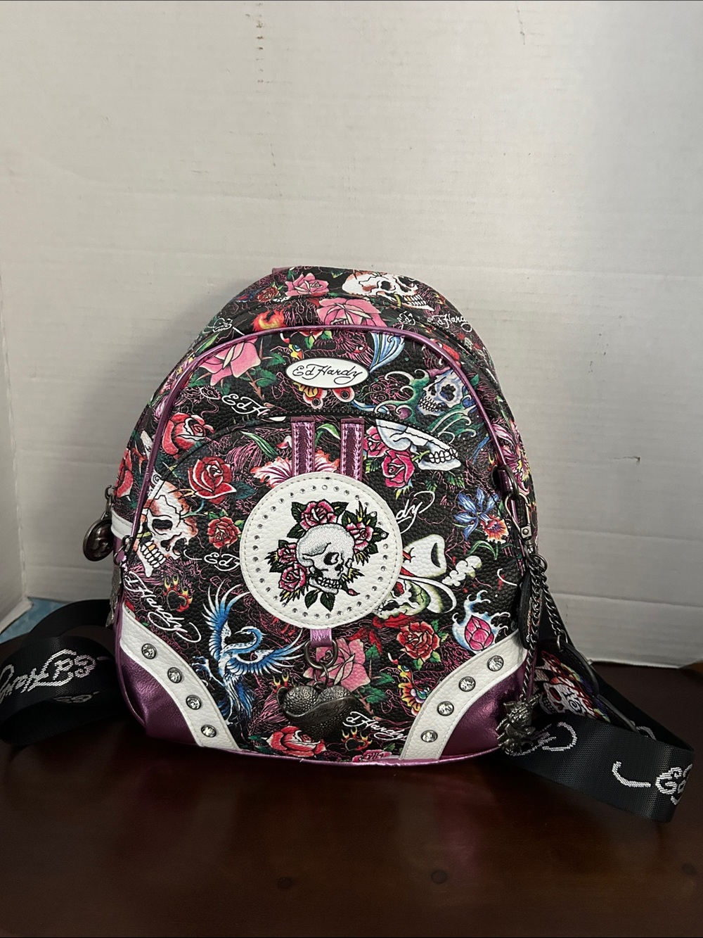 Ed Hardy Floral Skull Heather Backpack tatoo style in Black and metallic Pink